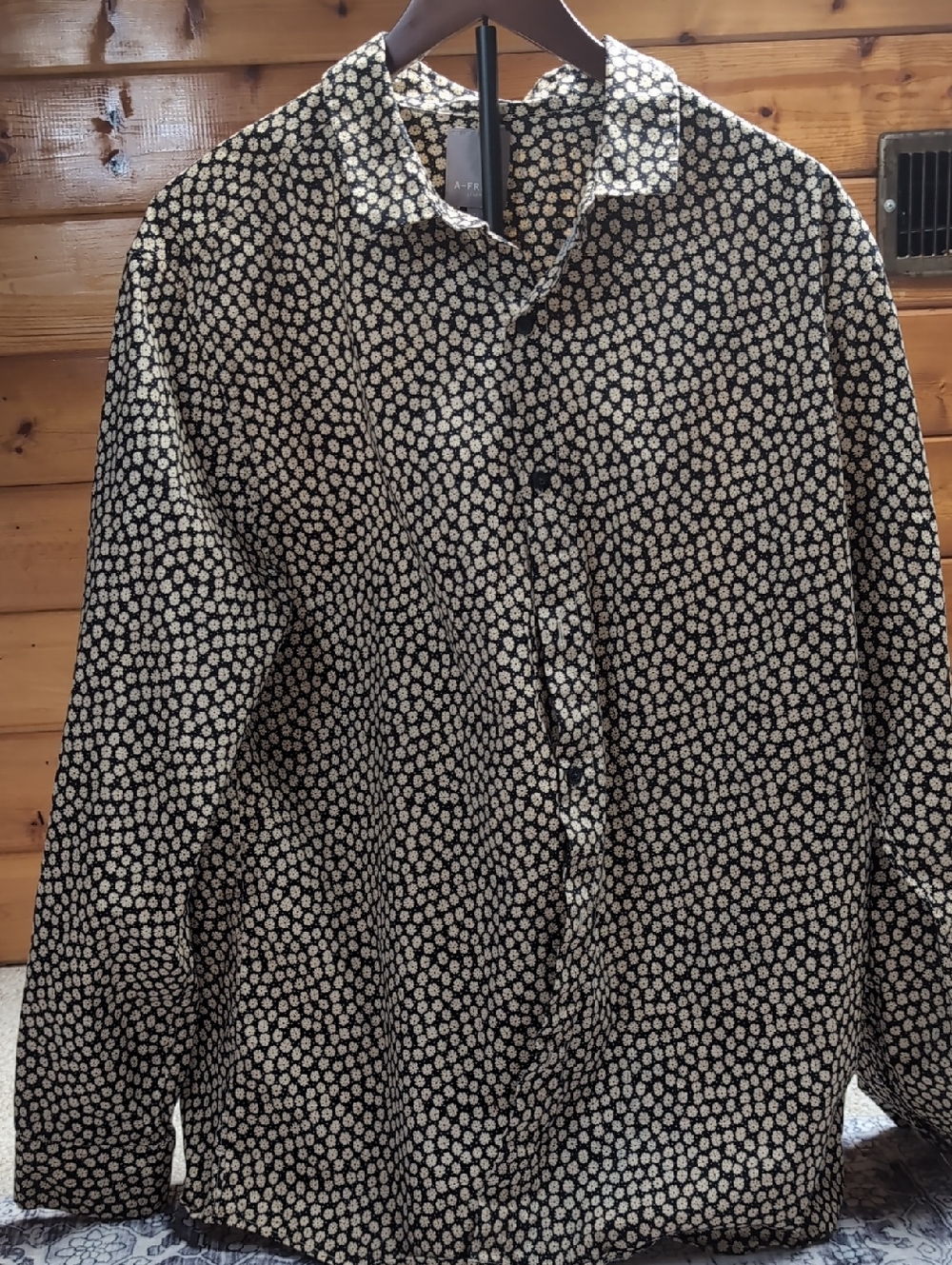 A-Frame Navy Blue Button-Down Shirt with Cream Floral Print
